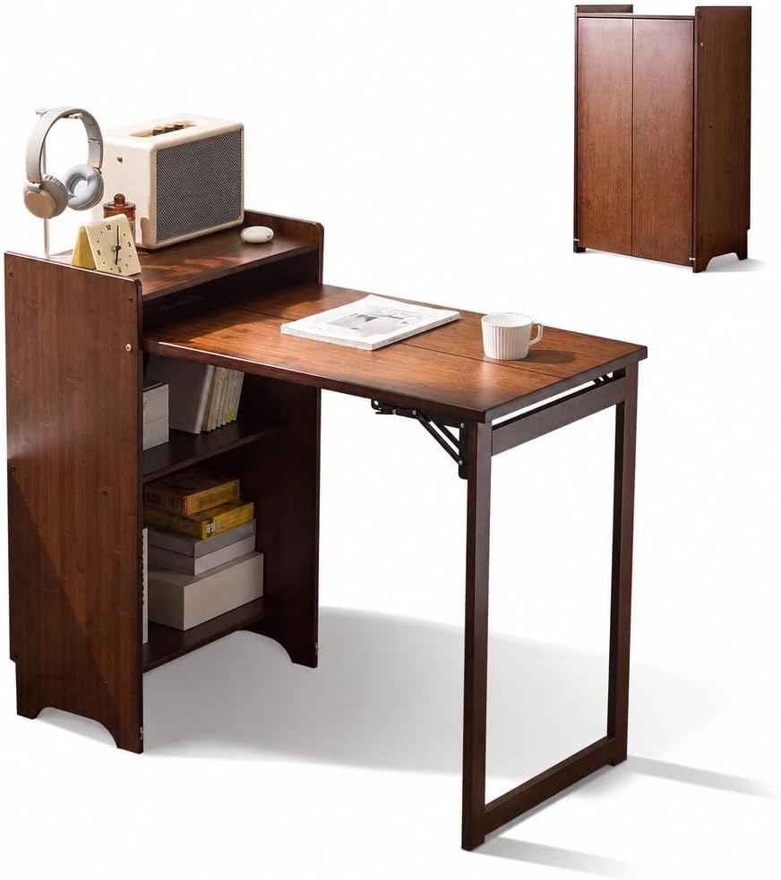 Home Office Hideaway Desk - Mesa Dobrável de Bambu com Prateleiras